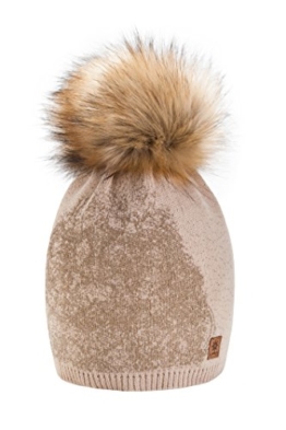 4sold Gold Mütze Bommel Pompon Wurm Winter Style Bommelmütze mit Zopfmuster Beanie Strick Mütze mit Ponpon Damen Herren HAT HATS SKI Snowboard Strickmütze mit Fellbommel (Beige) -