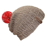 bommelME "Beanie Handmade" Handgestrickte Bommelmütze mit reflektierendem Wechselbommel, Strickmütze aus Merino Wolle mit abnehmbarem Bommel, Mütze: Sand / Bommel: Rot reflect -