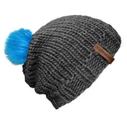 bommelME "Beanie Handmade" Handgestrickte Bommelmütze mit Wechsel Fellbommel, Strickmütze aus Merino Wolle mit abnehmbarem Bommel, Mütze: Grau / Bommel: Fell Neonblau -