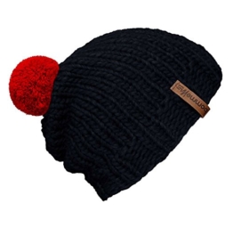 bommelME "Beanie Handmade" Handgestrickte Bommelmütze mit Wechselbommel, Strickmütze aus Merino Wolle mit abnehmbarem Bommel, Mütze: Anthrazit / Bommel: Rot -