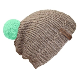 bommelME "Beanie Handmade" Handgestrickte Bommelmütze mit Wechselbommel, Strickmütze aus Merino Wolle mit abnehmbarem Bommel, Mütze: Sand / Bommel: Mint -