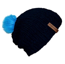 bommelME "Beanie Handmade" Handgestrickte Bommelmütze mit Wechsel Fellbommel, Strickmütze aus Merino Wolle mit abnehmbarem Bommel, Mütze: Dunkelblau / Bommel: Fell Neonblau -