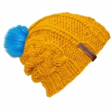 bommelME "Beanie Handmade Zopf" Handgestrickte Bommelmütze mit Wechsel Fellbommel, Strickmütze aus Merino Wolle mit abnehmbarem Bommel, Mütze: Gelb / Bommel: Fell Neonblau -