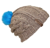 bommelME "Beanie Handmade Zopf" Handgestrickte Bommelmütze mit Wechsel Fellbommel, Strickmütze aus Merino Wolle mit abnehmbarem Bommel, Mütze: Sand / Bommel: Fell Neonblau -
