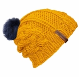 bommelME "Beanie Handmade Zopf" Handgestrickte Bommelmütze mit Wechsel Fellbommel, Strickmütze aus Merino Wolle mit abnehmbarem Bommel, Mütze: Gelb / Bommel: Fell Blau -