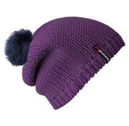 bommelME "Beanie No.1" Bommelmütze mit Wechsel Fellbommel, Strickmütze aus Merino Wolle mit abnehmbarem Bommel, Mütze: Lila / Bommel: Fell Blau -