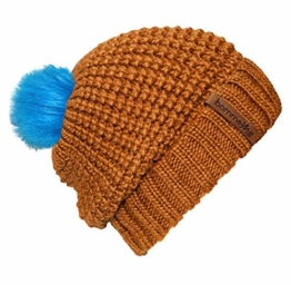 bommelME "Beanie No.4" Bommelmütze mit Wechsel Fellbommel und Umschlag, Strickmütze aus Merino Wolle mit abnehmbarem Bommel, Mütze: Bronze / Bommel: Fell Neonblau -