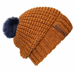 bommelME "Beanie No.4" Bommelmütze mit Wechsel Fellbommel und Umschlag, Strickmütze aus Merino Wolle mit abnehmbarem Bommel, Mütze: Bronze / Bommel: Fell Blau -