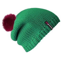 Bommelmütze Beanie No.1 in der Farbe smaragd grün mit 2 auswechselbaren Bommeln aus Kunstfell Pelz in pink + braun -