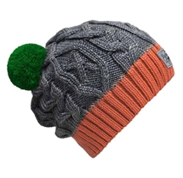 Bommelmütze Beanie No.3 Grau-Orange mit Zopfmuster und 2 auswechselbaren Bommeln in Grün + Braun -