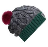 Bommelmütze Beanie No.3 Grau-Petrol mit Zopfmuster und 2 auswechselbaren Kunstpelz Bommeln in Neonpink + Blau -