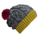 Bommelmütze Beanie No.3 Grau-Gelb mit Zopfmuster und 2 auswechselbaren Kunstpelz Bommeln in Neonpink + Weiß -