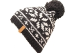 Bommelmütze mit Norwegerstern und innen Fleece Made in Germany (schwarz-weiß-schwarzer Bommel) -