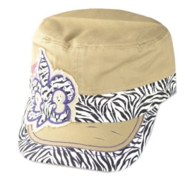 Damen Army Cap im Used Look mit Strass Fleur De Lis Zebra Beige Military Kuba Kappe Mütze Schirmmütze -