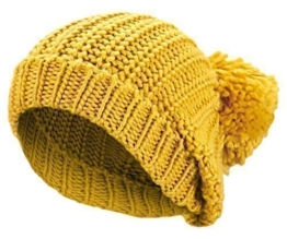 Damen Herren Winter Strickmütze Bommelmütze grobgestrickte Wintermütze mit Muster in Uni Farben PomPom Mütze mit Bommel Ocker Gelb -