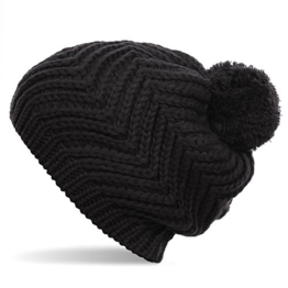 Distressed Bommelmütze Long Beanie Strickmütze mit Pompon schwarz -