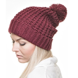 Distressed Long Beanie mit Pompon Bommelmütze Strickmütze Unisex dunkelrot -