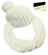 EveryHead Sparset Damenset Strickmütze Strickloop Wintermütze Winterloop Bommelmütze Winterschal uni Dochtgarn Frauen (EH-FBA-207-W16-DA0-2-OS) in Natur, Größe OS inkl. EveryHead-Hutfibel -