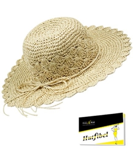 Fiebig Damenpapierhut Papierhut Basthut Sonnenhut Häkelhut Sommerhut Urlaubshut Strandhut Hut uni mit Schleife für Frauen (FI-69728-S17-DA0-4-OS) in Beige, Größe OS inkl. EveryHead-Hutfibel -