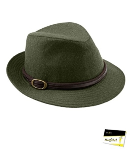 Fiebig Damenstoffhut Stoffhut Wollhut Fedora Trilby Herbsthut Winterhut Partyhut Hut mit Teflonbeschichtung für Frauen (FI-12092-W16-DA1-81-61) in Oliv, Größe 61 inkl. EveryHead-Hutfibel -