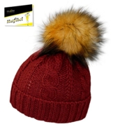 Fiebig Damenstrickmütze Strickmütze Umschlagmütze Pudelmütze Bommelmütze Wintermütze einfarbig Fakefur Pompon Frauen (FI-54616-W16-DA0-9-OS) in Bordeaux, Größe OS inkl. EveryHead-Hutfibel -