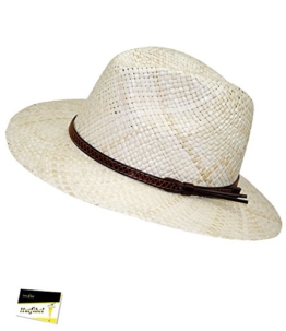 Fiebig Damenstrohhut Strohhut Sommerhut Strandhut Urlaubshut Sonnenhut Partyhut unisex mit braunem Lederband für Frauen (FI-16520-S16-DA1-111-61) in Weiß, Größe 61 inkl. EveryHead-Hutfibel -