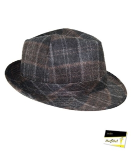 Fiebig Herrenstoffhut Stoffhut Wollhut Fedora Trilby Herbsthut Winterhut Modehut Partyhut Hut kariert für Männer (FI-12103-W16-HE0-82-57) in Braun, Größe 57 inkl. EveryHead-Hutfibel -