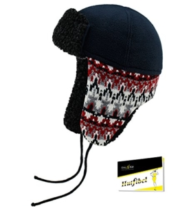 Fiebig Jungenbindemütze Bindemütze Norwegermütze Fliegermütze Fellmütze Strickmütze Wintermütze Teddyfutter für Kinder (FI-71282-W16-JU1-16-52) in Marine, Größe 52 inkl. EveryHead-Hutfibel -