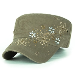 ililily Kristall Gemstone Stollen Blumenmuster klassischer Stil Baumwolle Militär Armee Hut Kadett Cap , Olive Drab -