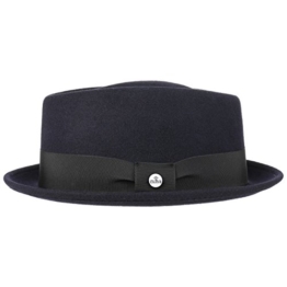 Lierys Classic Porkpie Wollfilzhut Pork Pie Fedora Hut Filzhut Wollhut Clubhut Musikerhut für Damen Herren Fedora Filzhut mit Ripsband Winter Sommer (S/54-55 - dunkelblau) -