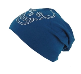 Long Beanie von Ella Jonte im hippen Oversize-Look blau mit Strass Totenkopf Baumwolle -