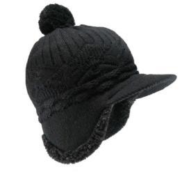 Norwegermütze mit Schild Pompom gefüttert , Farbe:schwarz -