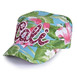 Sense42 Army Cap im Used Look All-Over Flower Design Pink Glitzer Schriftzug "Cali" mit Strasssteinen Hellblau Unisex Kappe Schirmmütze One Size -