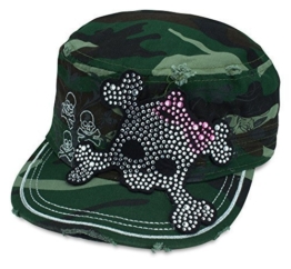 Sense42 Army Cap im Used Look Strass Totenkopf Schleife mit Strasssteinen Camouflage Unisex Kappe Schirmmütze One Size -