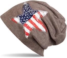 styleBREAKER Beanie Mütze mit USA Pailletten Stern Applikation, Stars and Stripes, Unisex 04024033, Farbe:Braun -