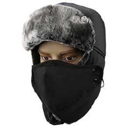 Trooper Trappermütze , Fozela Unisex Winter-warmer Pelz Jagdhut ushanka Cap Flieger russische Bomber Hut mit windundurchlässiges Maske Ohrenklappen (Schwarz-BK) -