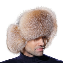 URSFUR Warme Unisex Echte Fellmütze Fuchspelz Russland Wintermütze Trappermütze Ushanka L-Gold -