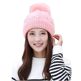 Vimeet Damen Warme Kaninchenfell Wintermütze Gestrickt Beanie Mütze Wollmütze Strickmütze Earflap Hut Kappe Bommel Mütze Rosa -