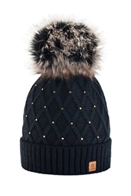 Wurm Winter Strickmütze Mütze Damen Kristalle Kiesel mit Große Pelz Bomme Pompon l SKI (Black) ( MFAZ Morefaz Ltd) -