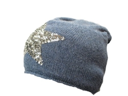 Zwillingsherz Beanie Mütze mit Cashmere mit Patches Sternen Anker (Pailletten Stern denim blue) -